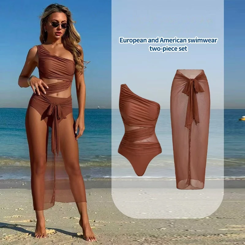 2026 new sexy women's one piece bodysuit swimwear with wrap skirt spaghetti strap mesh sheer two piece bikini set for beach vaca
