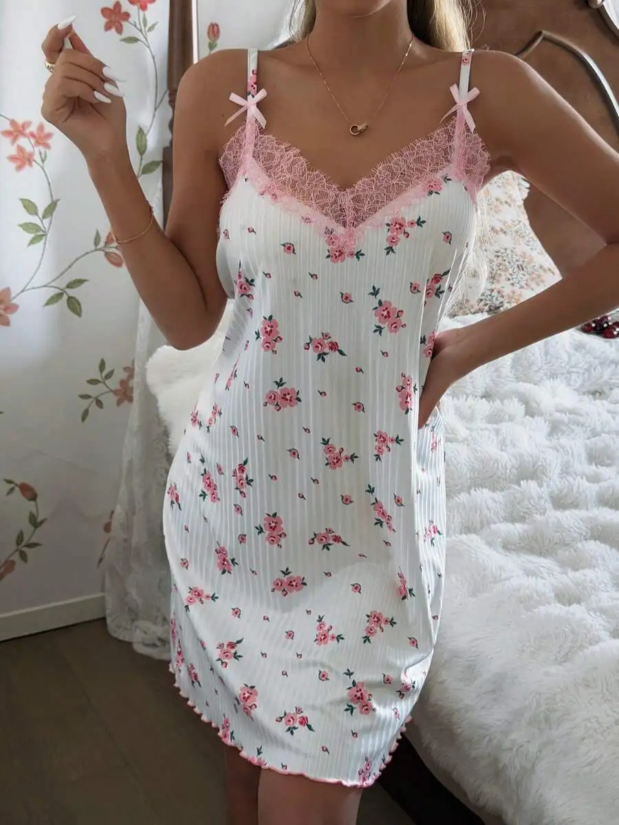

Womens Ribbed Floral Lace Trim Camisole Nightgown Sleep Dress