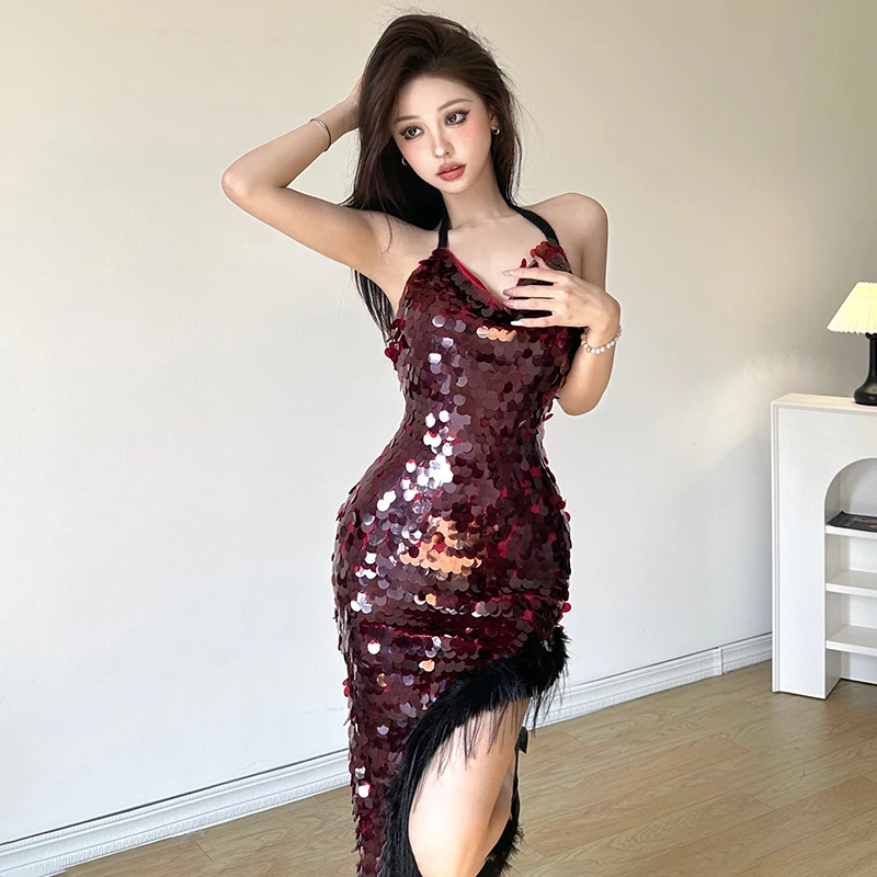 Designer Fujia Style Super Shiny Large Sequined Halter Dress Swing Collar Irregular -Fit Long Dress Fashion
