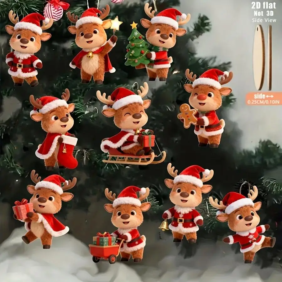 1/5/10/20/50/100pcs 2D Flat, Set of 10 Cute Little Deer Wooden Christmas Ornaments, Christmas Tree Ornaments, Christmas Tree Top
