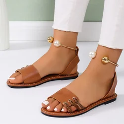 Sandalias de cuero liso para mujer, zapatos planos Retro marrones, sandalias informales para mujer, sandalias de playa de verano, zapatos planos de talla grande