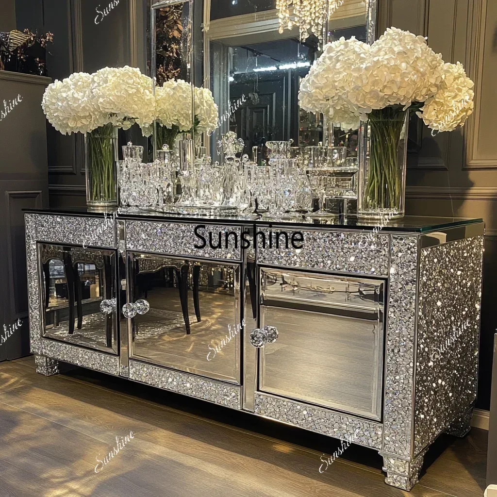 YYWholesale Luxury Wooden Mirror TV Cabinet Living Room Furniture Custom Silver Diamond TV Stand TV Bench
