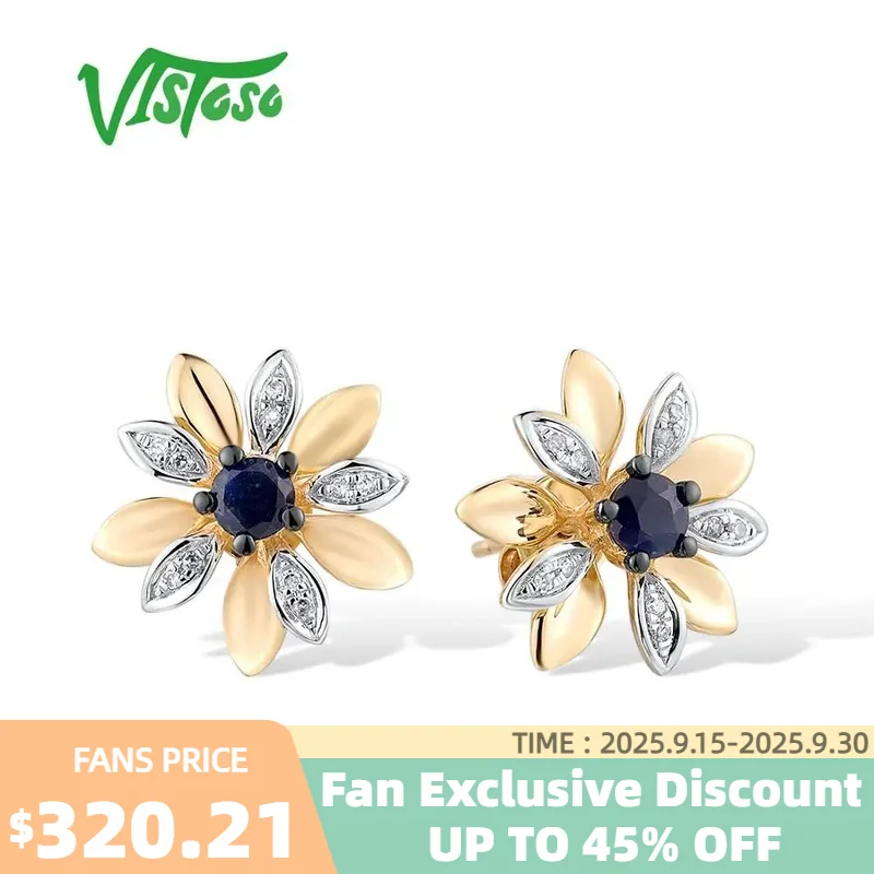 

VISTOSO 14K 585 Yellow Gold Earrings For Women Natural Blue Sapphire Diamond Delicate Flower Stud Earrings Trendy Fine Jewelry