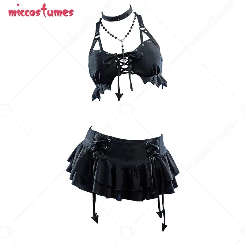 25COShaikyuu Women Goth Two Piece Swimsuit with Necklace Bat Ruffle Bikini Gothic Bathing Suit Swimwear Halter view 3