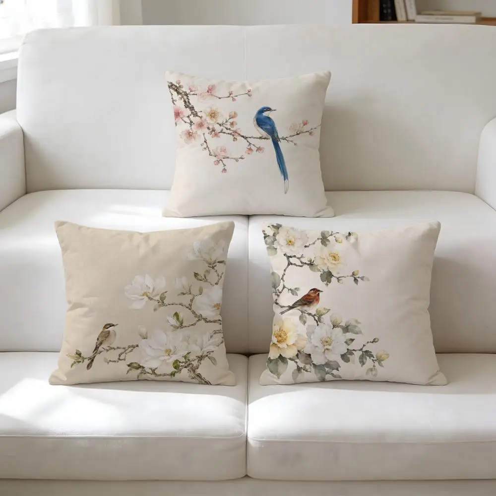 Oriental Watercolor Bird Blossom Pillow Case Double-Sided Plush Sofa Cushion Covers Organic Breathable Invisible Zipper