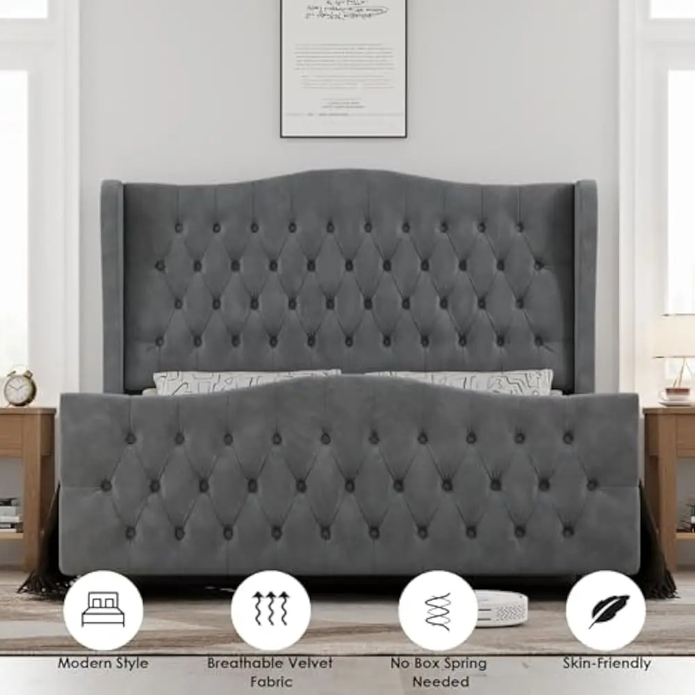 Queen Size Bed Frame with Velvet Upholstered Deep Button Tufted Wingback Headboard and Footboard, Queen Size Bed Frame