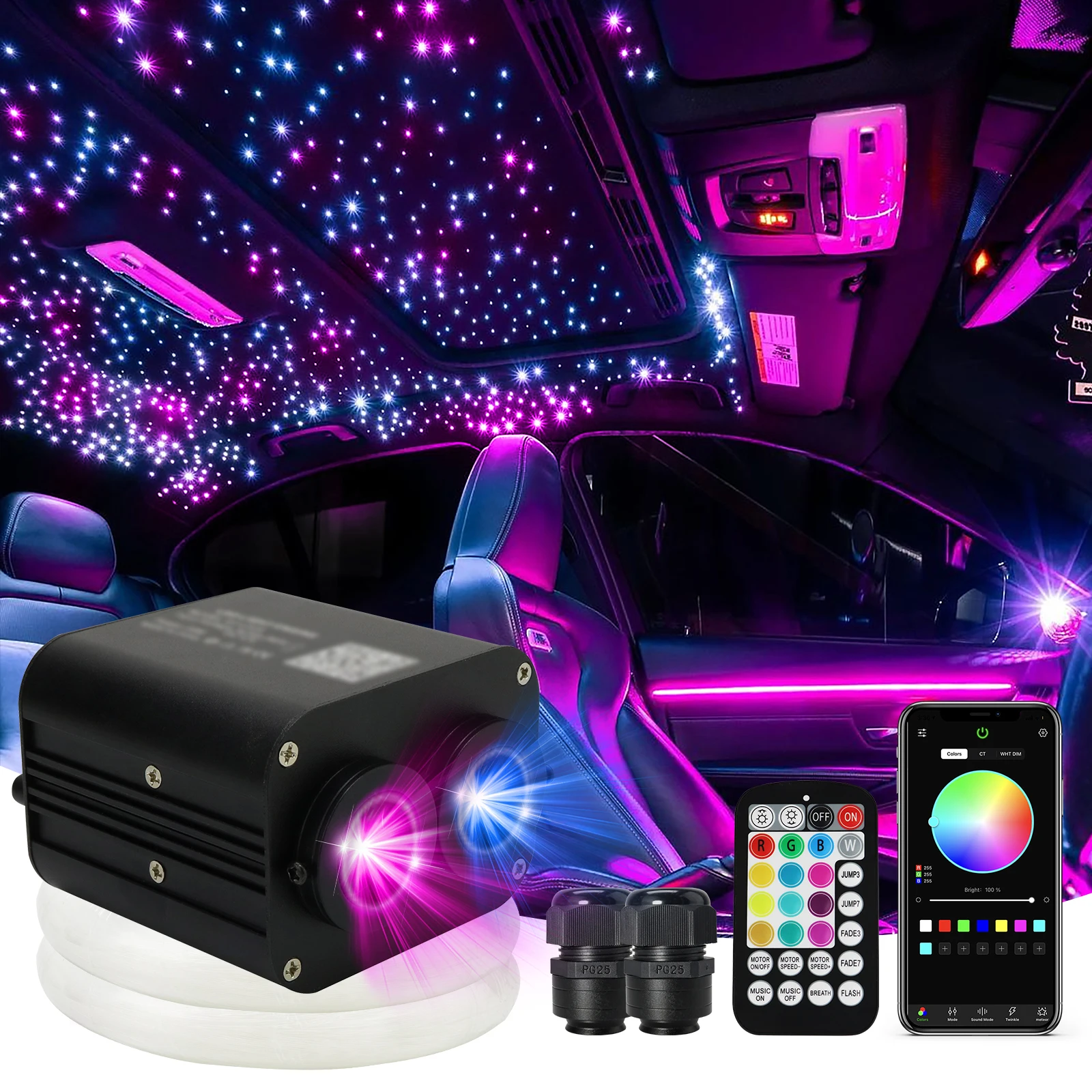 

Double head 20W Twinkle RGB Dual color Fiber Optic star Ceiling Light kit 3M End Glow APP Car starry Sky Fiber Optic Ceiling