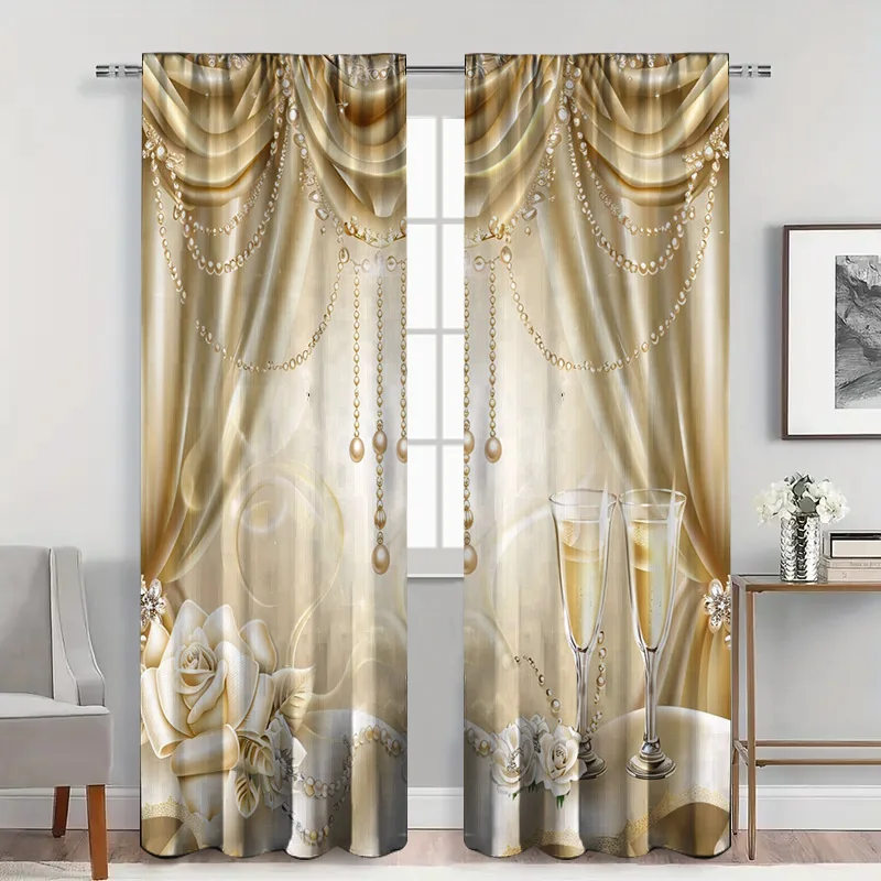 2pcs Gala Celebration Curtains with Rod Pocket,Champagne Gold Chains & Crystal Drops Sheer Light Filtering, Formal Event Drapery