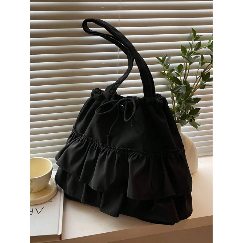

Fashionable Casual Pleated Lace Decorated Drawstring Women Tote Vacation, Japanese , Literary School Bag For Teens, B
