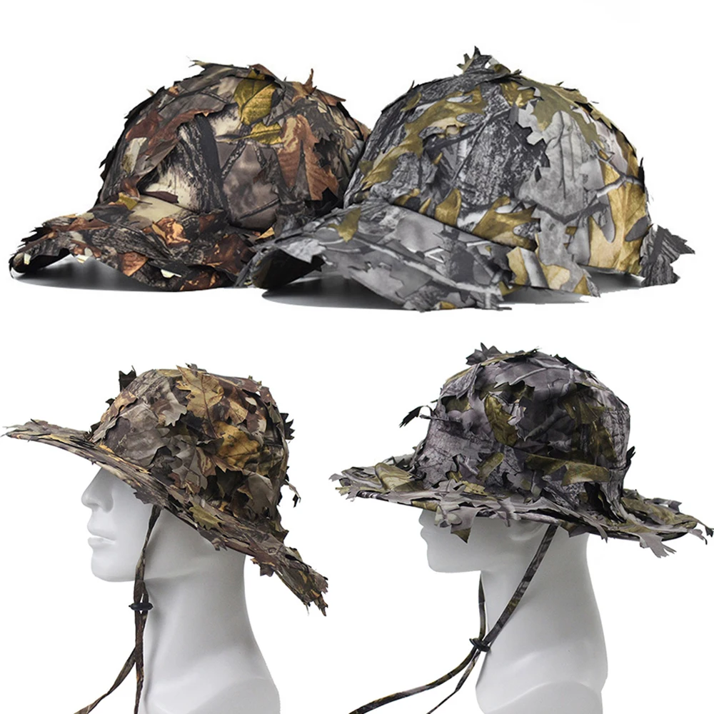 Tactical Caps 3D Leaves Camo Boonie Hats Baseball Cap Flat Top Sun Hat Ghillie Face Mask for Men Army Hunting Fishing Sunshade