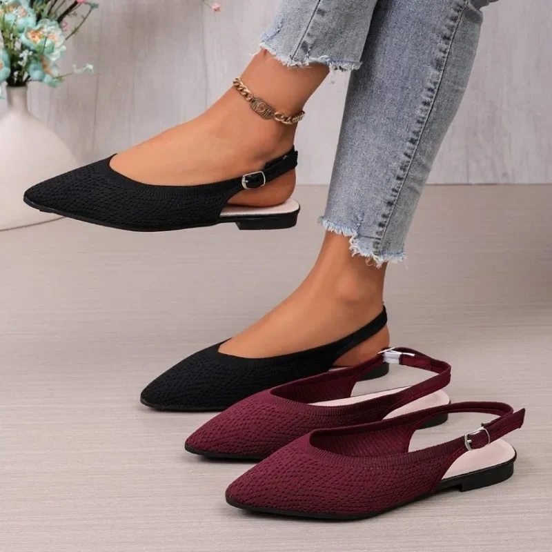 

Breathable Knitted Women's Flat Shoes New Summer Style Brand Buckle Designer Women's Sandals Elegant Pointed Toe Loungewear 2026