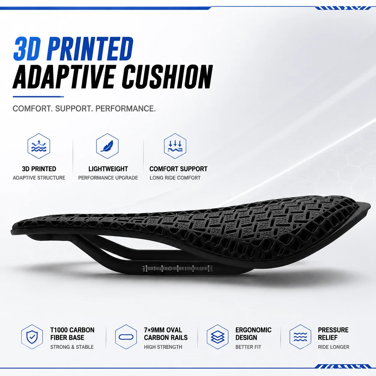 YICHORD 3D Printed Carbon Fiber Bicycle Saddle T1000 Base Lightweight Road MTB Bike Seat 7x9mm Oval Rail Pressure Relief Channel