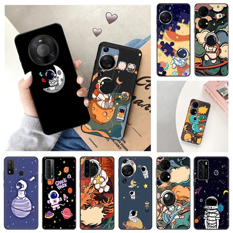 Ультратонкий Мягкий чехол для Huawei P40 P30 P20 P Smart Moto G200 G30 G31 One Fusion, милый черный чехол-накладка с космонавтами и звездами