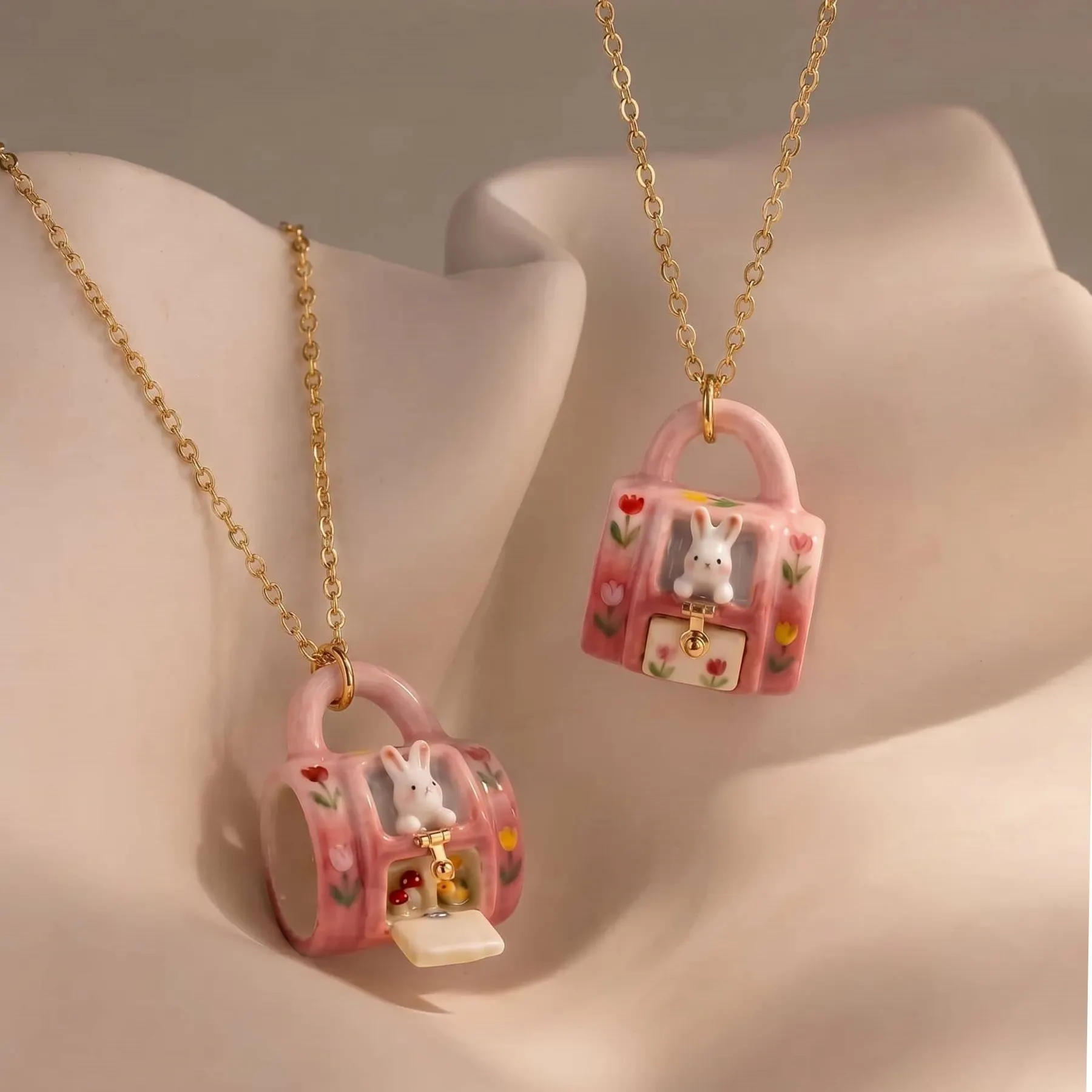 Wealth Chinese Style Bracelet Hand String Miniature Scene Anti-Ceramic Necklace Mug Shape Cartoon Rabbit Cat Girl Necklace Lucky