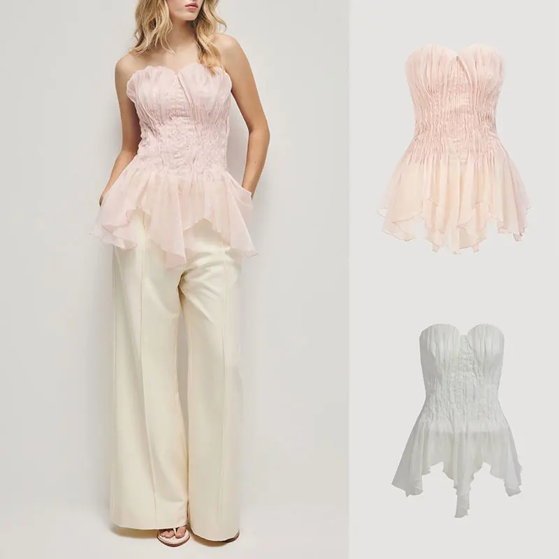 Women Ruffle pleated strapless top fashion Irregular strapless top