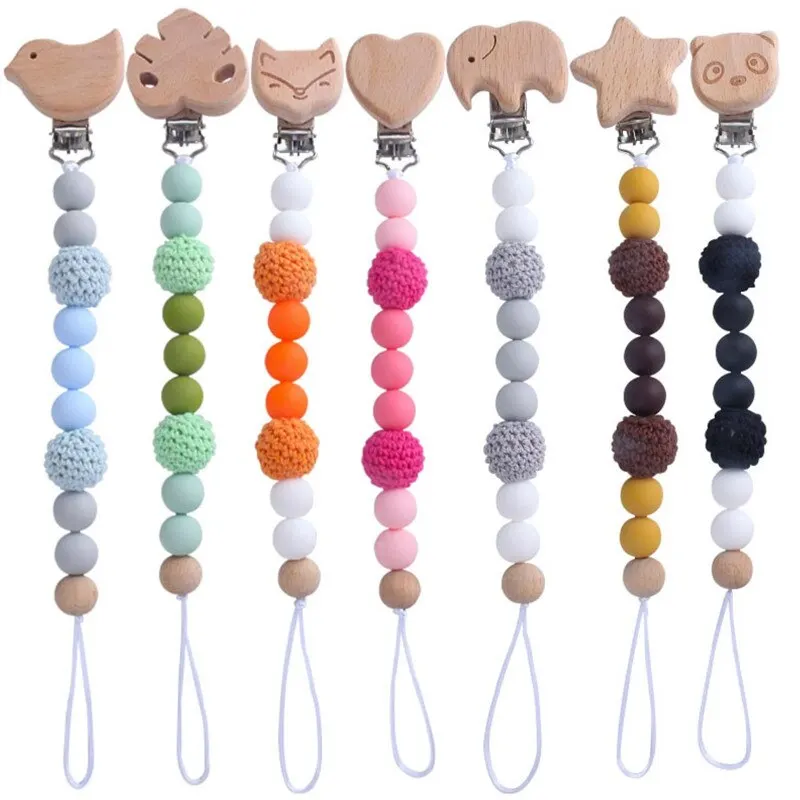 Wooden Animal Pacifier Clips Chain Silicone Beads Dummy Nipple Holder Newborn Welcome Gift