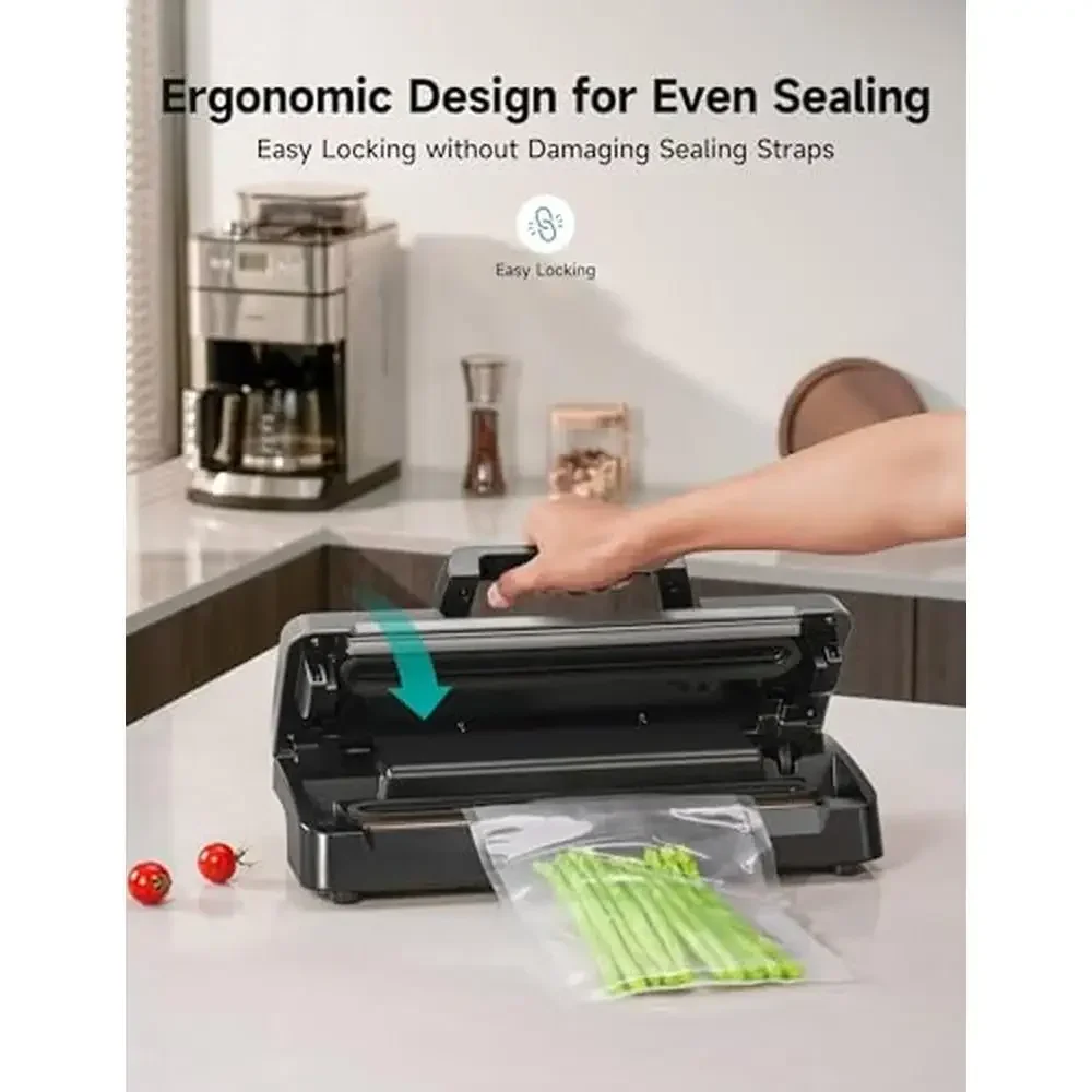 Máquina seladora a vácuo com alça de alimentos, design bloqueado, cortador embutido, design compacto com kit inicial, vedação de frescor, vários modos