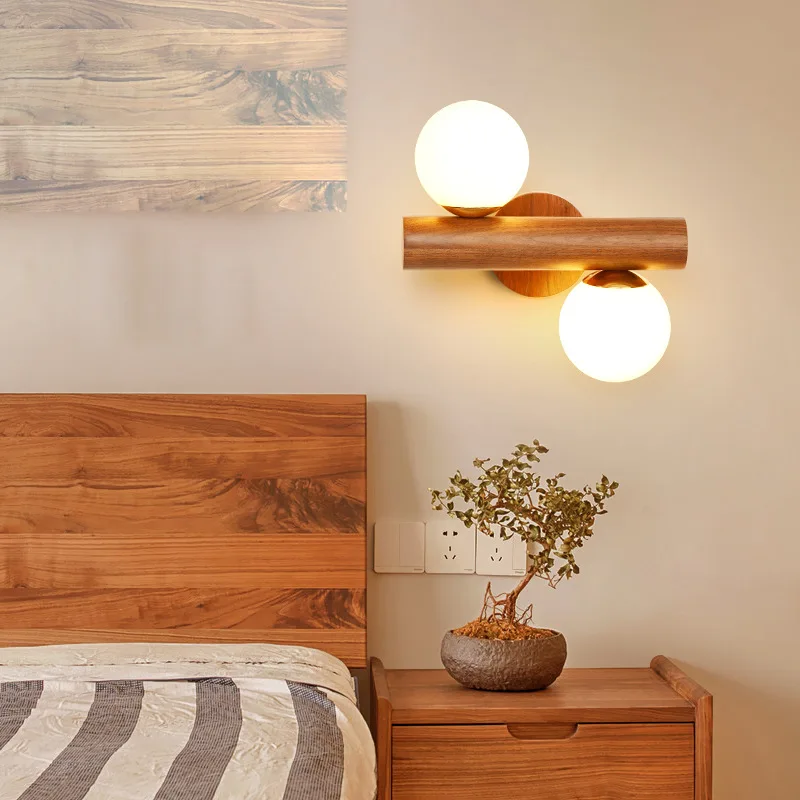 Japanese Traditional Walnut Wall Lamp Nordic Modern Bedroom Bedside Study Staircase Wall Light White Glass LED Illumination Lamp