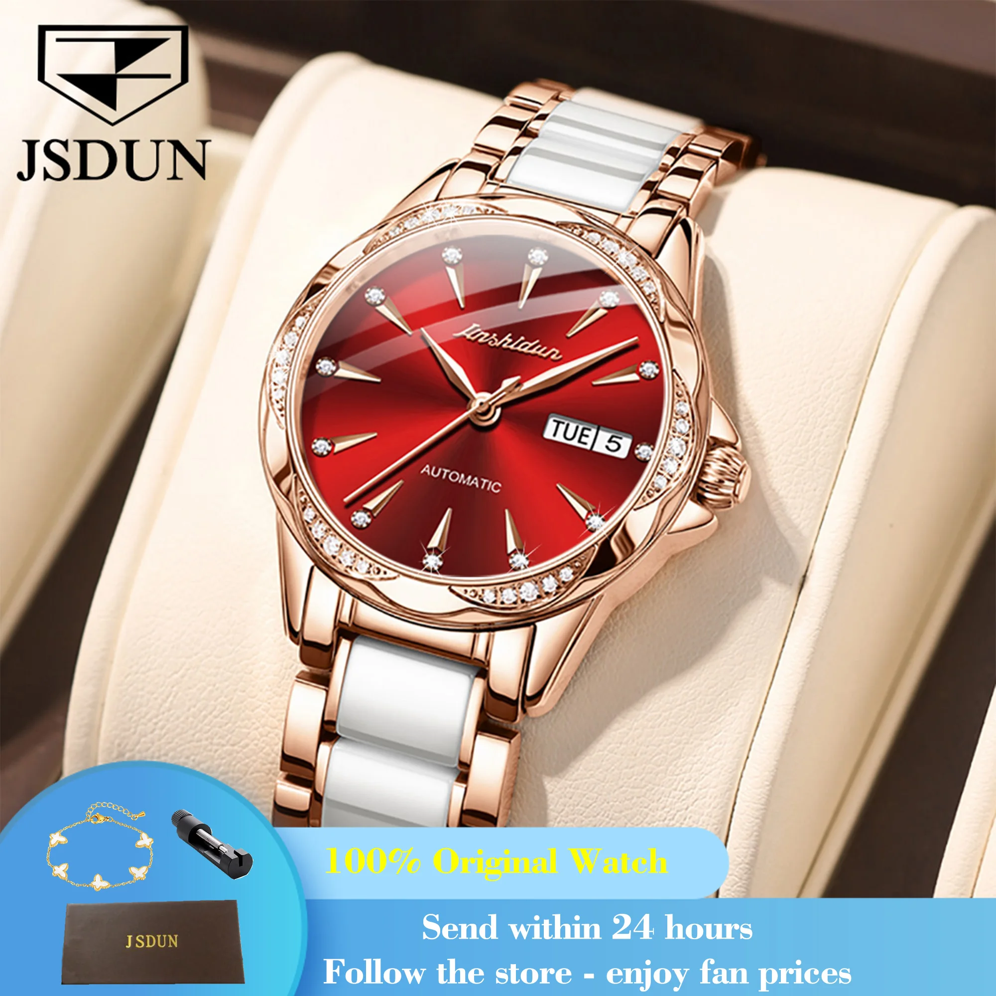 

JSDUN 8821, автоматические часы для женщин, керамический стальной ремешок, двойной календарь, женские механические наручные часы, классические водонепроницаемые часы