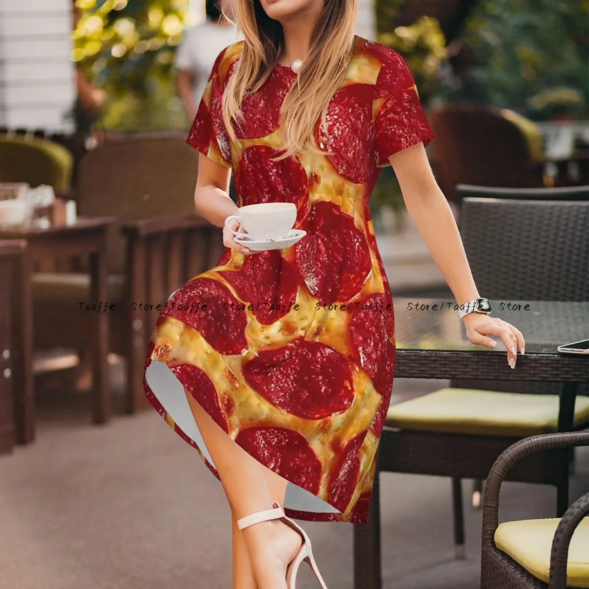 فستان Pepperoni Pizza الصيفي للنساء كاجوال برقبة دائرية وأكمام قصيرة