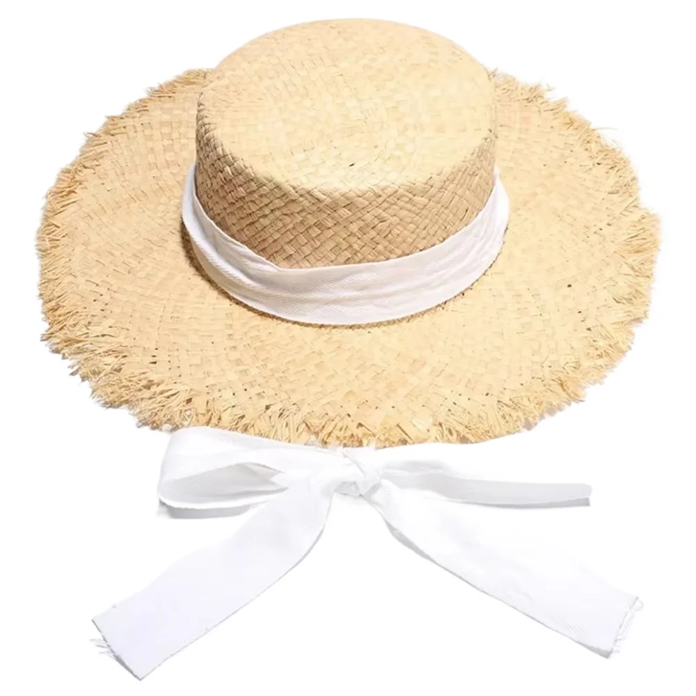 

Новая женская пляжная шляпа из рафии с белым ремешком-завязкой, летняя повседневная шляпа-канотье с кружевной отделкой, модный дизайн