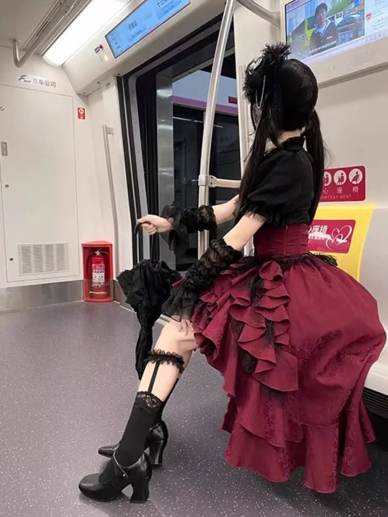 IOOTIANY Japanisches, dunkles Gothic-Lolita-Kostüm im Cosplay-Stil, Damen-Kleid mit schmaler Taille, vielseitiges Spitzenkleid im Prinzessinnen-Stil, Y2k-Kleid. – Detail 8