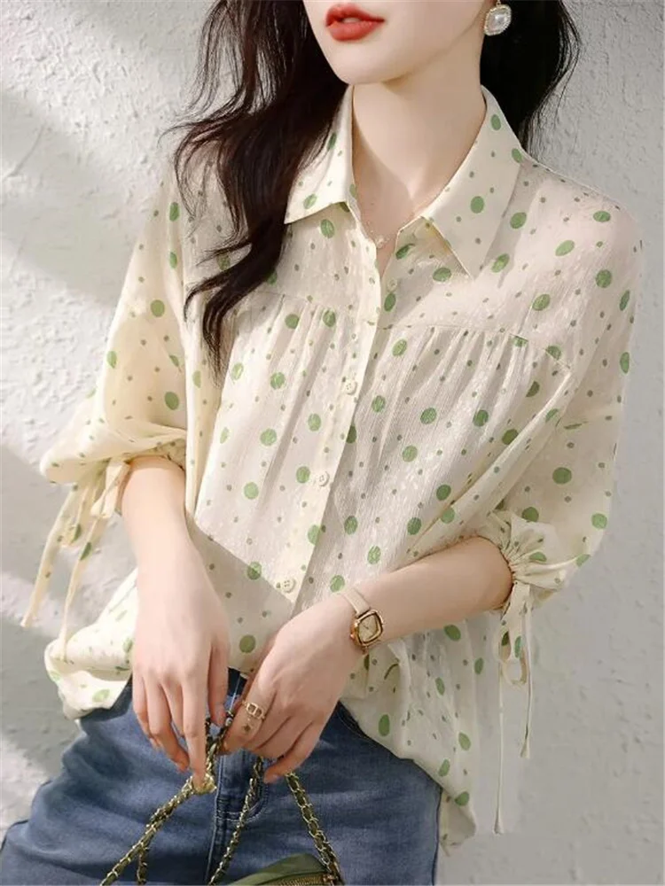 Dot Printed Top Half Sleeved Blouses For Women Button Up Shirt Lace Up Female Blous Fashion Pleated Blouses Grace Summer Shirt