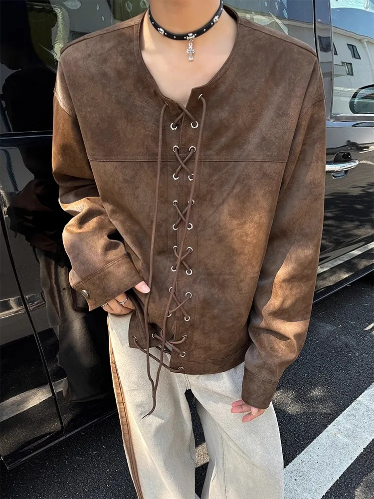 American Retro Street Style Pu Leather for Unisex Autumn O-neck Long Sleeve Cross Drawstring Jacket Loose Casual Handsome Coat