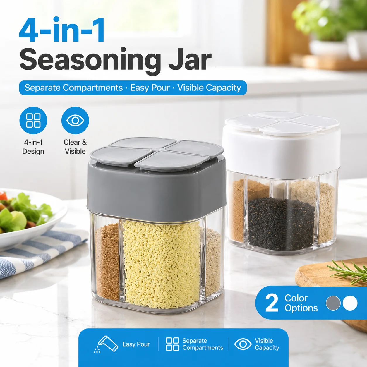 1PC 4 In 1 Kitchen Spice Jar Seasoning Bottle Multi Grid Condiment Container For Salt Sugar Pepper Storage Home Cooking Organize