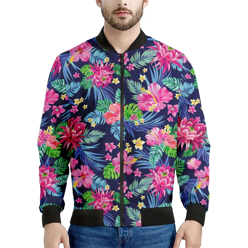 Tropical Flower Leaves Pattern Print Men's Bomber Men Jacket 3d Long Sleeve Sweatshirt Oversize Street Bomber Zipper Jacket Coat