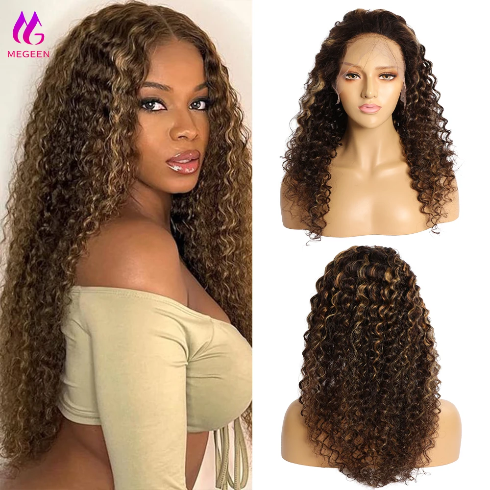 Megeen Virgin Hair Deep Wave Lace Front Wig Human Hair with Baby Hair P4/27 Highlight Curly 13x4 HD Transparent Lace Frontal Wig