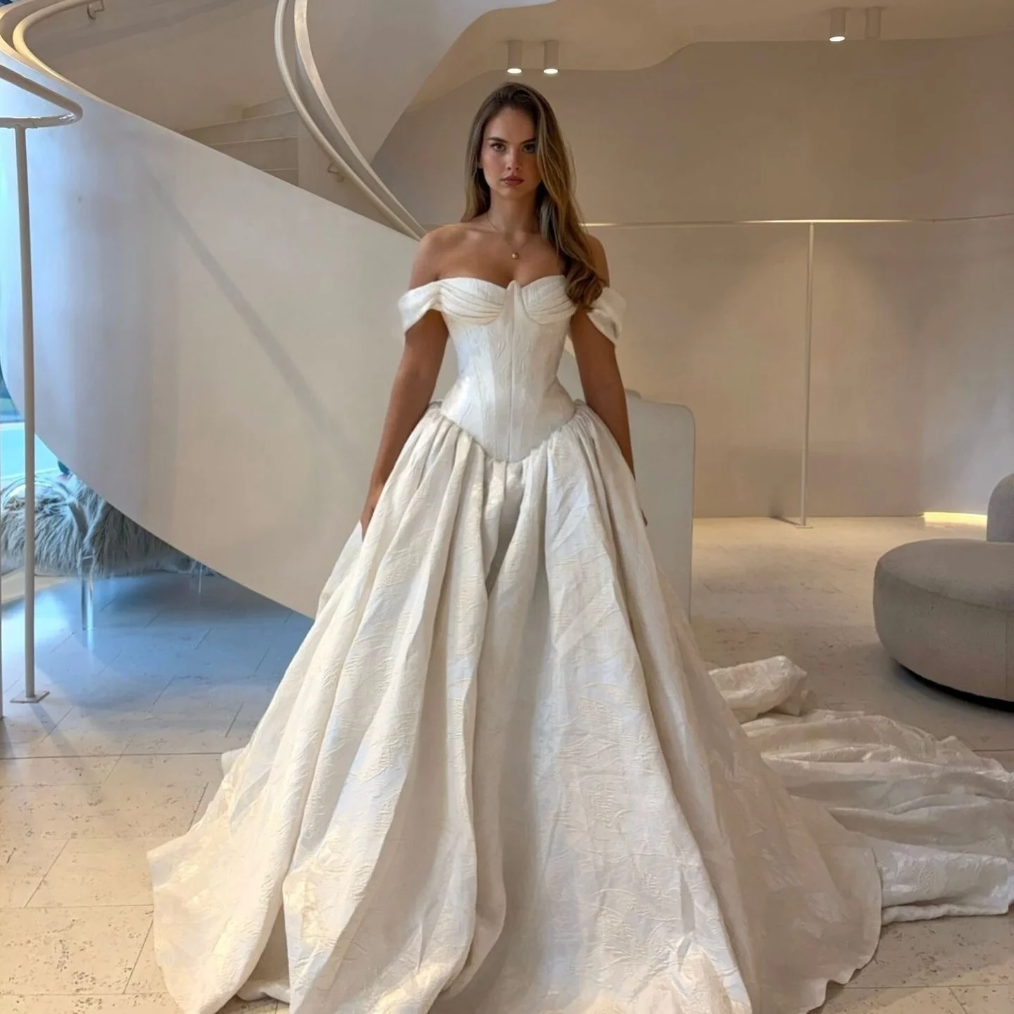 Simple Off Shoulder Satin Prom Dresses Tight corset Jacquard Texture Ivory Wedding Dress Church Train Bride Dress Customized