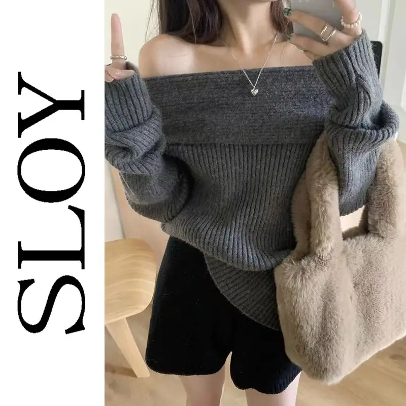 SLOY Thickened One Shoulder Sweater Women\'s Autumn and Winter New Style Pure Desire Spicy Girl Off Shoulder Show Thin Knitted