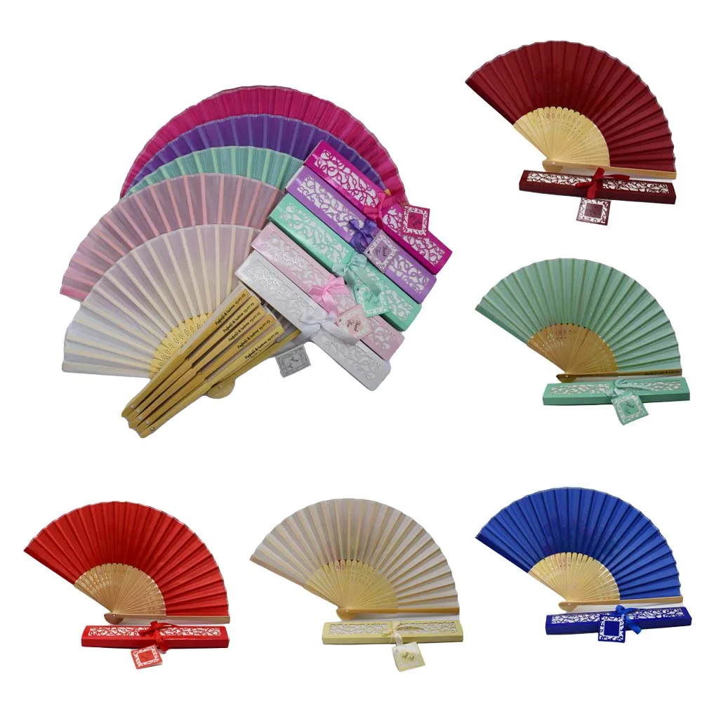 30/40/50pcs Personalize Bamboo Fabric Portable Hand Fan with Box for Wedding Favors Gift with Customs Names and Date