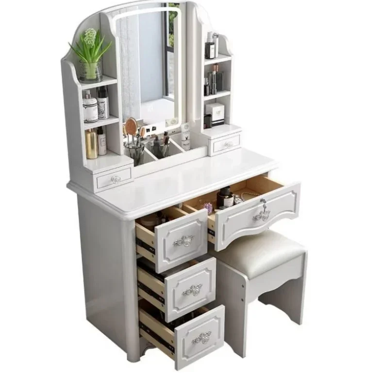 Simple Designs Wood Small Nordic Bedroom Vanity+Stoold Set Dressing Tables With Lighted Mirror And Drawer