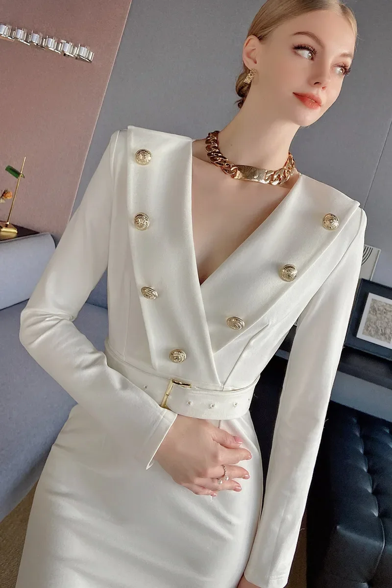 Spring Autumn Dress Female Vintage Women V-neck Long Sleeve Double Breasted Belt High Waist Knit Dress 2024 Df1cdr042