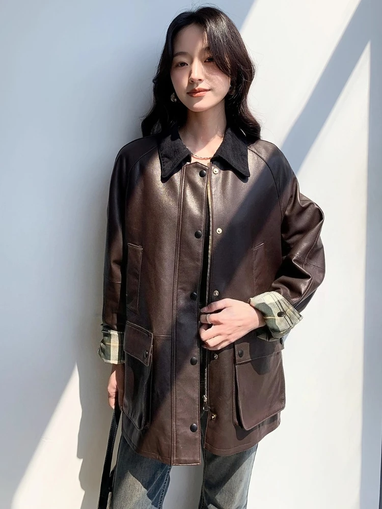 Damskie kurtki wiatrówki z prawdziwej skóry vintage, luksusowe, proste, z kontrastowym sztruksowym kołnierzem, luźne, miękkie płaszcze z prawdziwej skóry owczej.