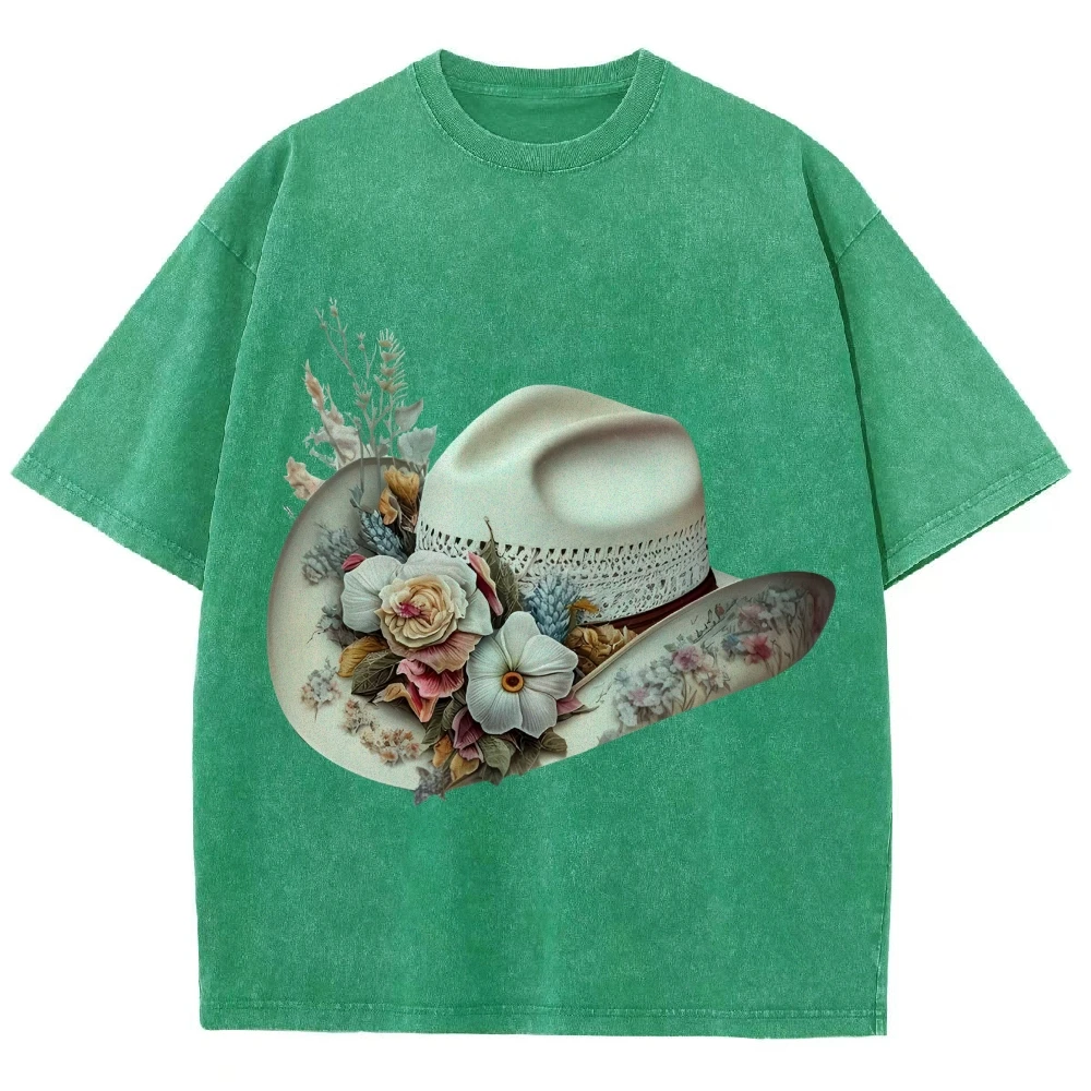 تي شيرت برسومات Y2K، قبعة على الطراز الغربي مع طباعة لهجات الأزهار، قماش ريفي وأنيق، قماش ناعم لراعي البقر - مظهر كاجوال مستوحى