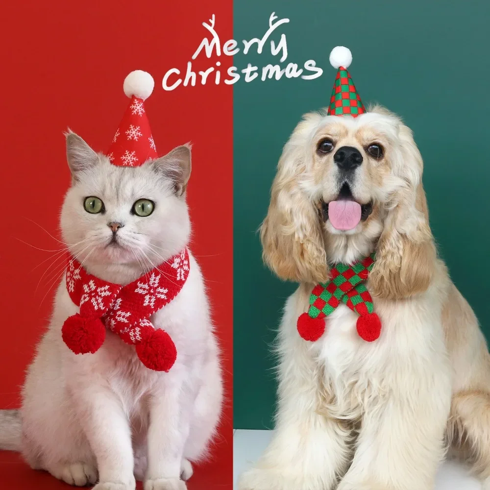 Pet Christmas Set  Hat Scarf Cat Dog Plaid Snowflake Yarn Scarf Scarf Fur Ball Hat Headband Pet Dress Up for New Year Festivals
