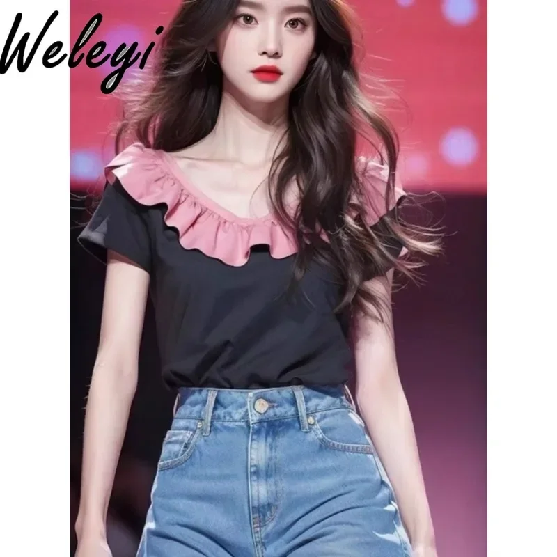 

Kawaii Stitching Pink Ruffle Tops Korean Fashion Womans Clothing Summer New Sweet Blusa Temperament Pleated Short Sleeves Shirts