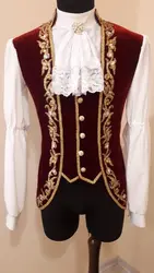 18th Century Medieval Men's Colonial Military Red Vest White Shirt Tunic Velvet Costume Victorian Men's Prince Stage Costume