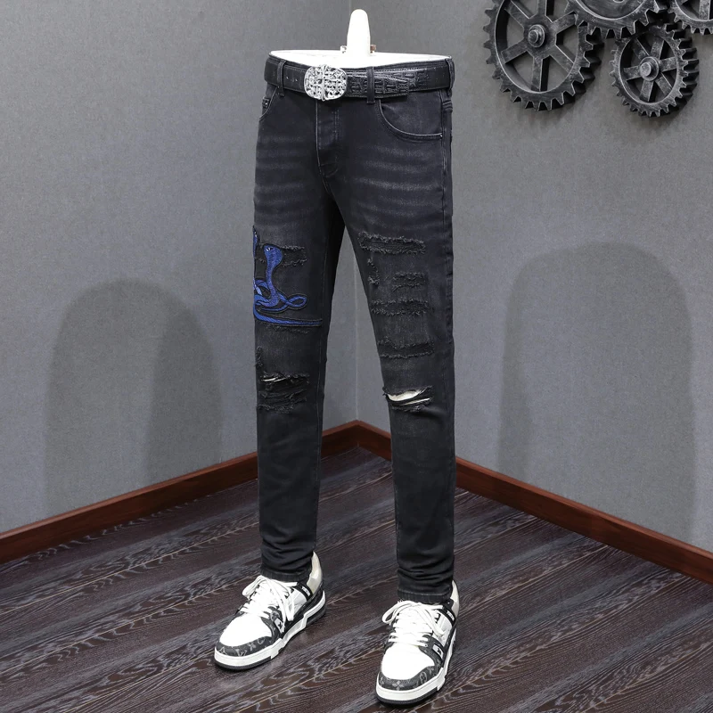 High street fashion new men's jeans stretch slim fit retro washed water embroidered jeans hip-hop brand black high-quality pants