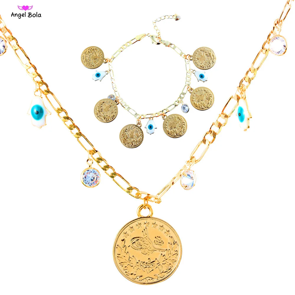 Evil Eye Money Coin Jewelry Sets Arab Muslim Vintage Crystal Golden Coins Pendant Women Fashion Choker Necklace Wholesale