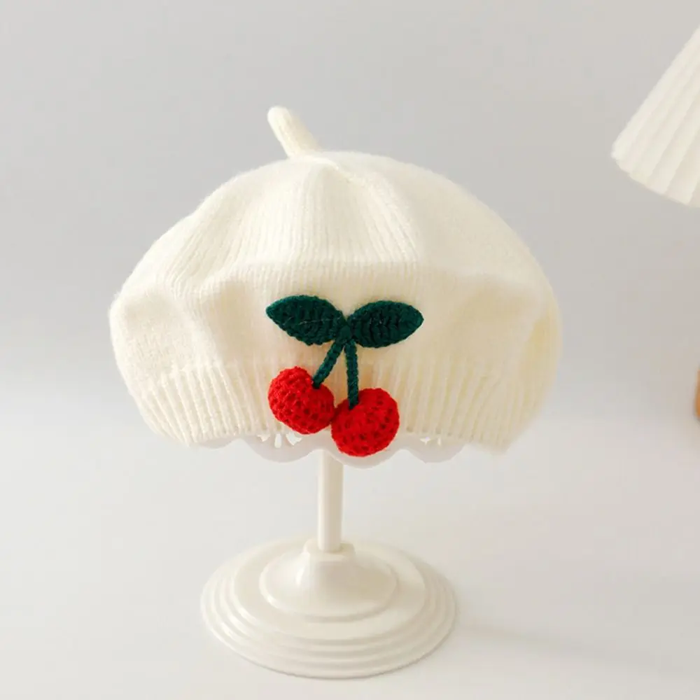 Cute Kawaii Cherry Beret Hat Spring Autumn Artist Knit Beanie Cap Korean Toddler Princess Painter Cap for Little Boys Girls