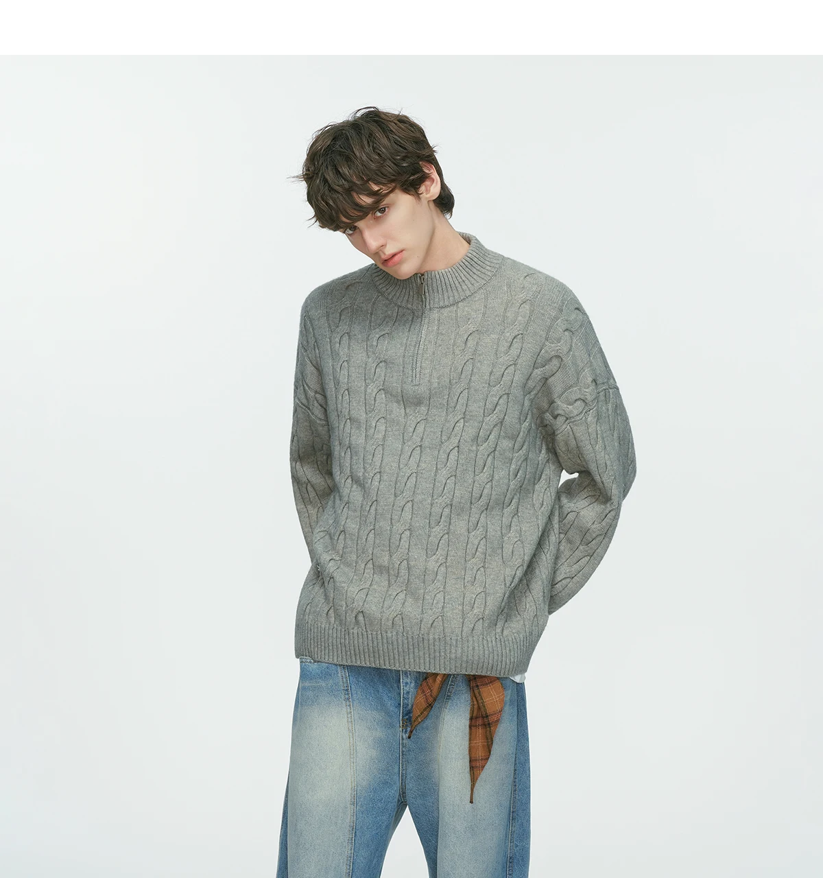 2025 Autumn Winter New Half-Zip Cable Knit Gray Black Sweater Men's Loose Casual Khaki Coffee Color Long Sleeve Knitwear