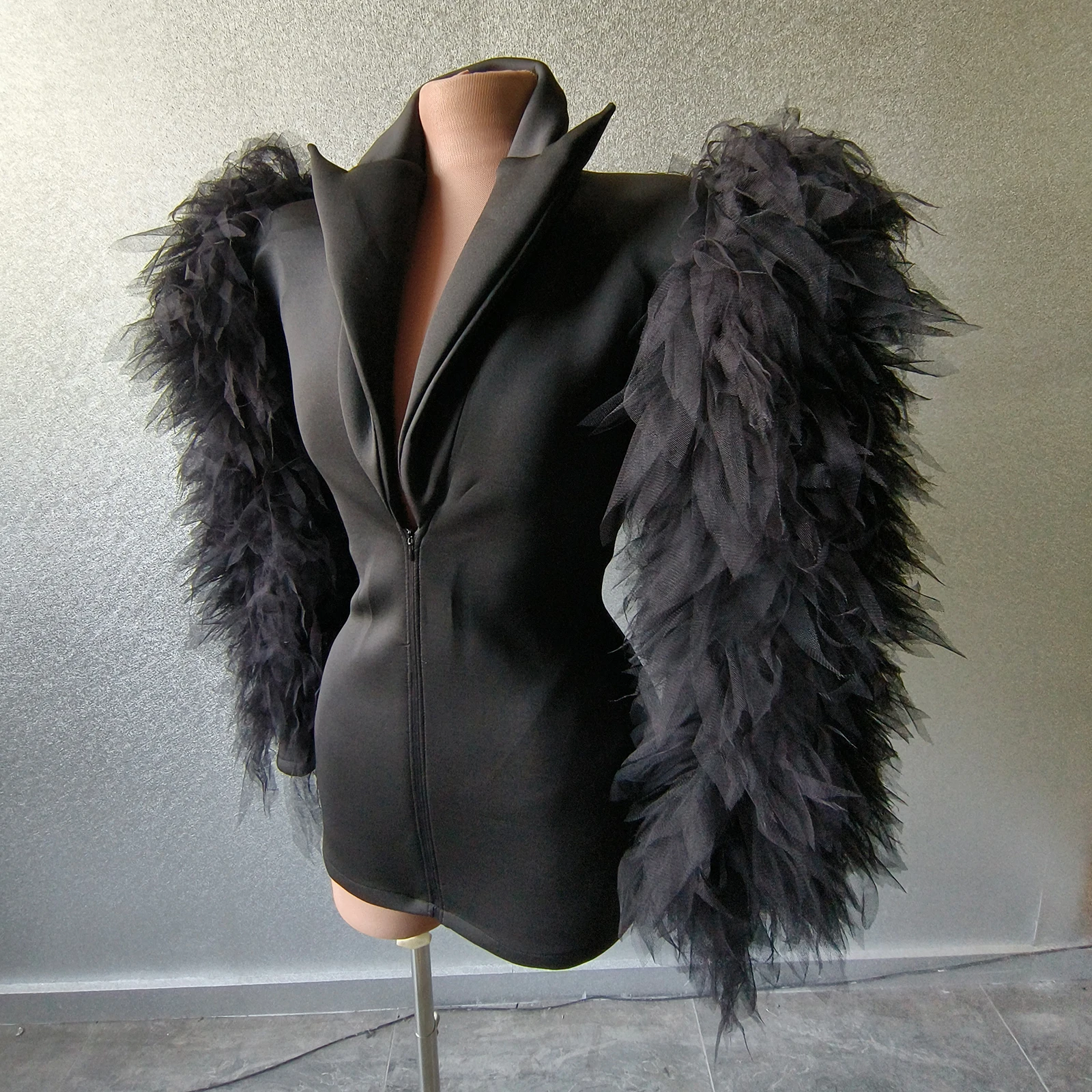 Women's deep-frilled mesh long-sleeved shawl collar decked elegant blazer jacket sexy party club DS birthday outfits drag queen