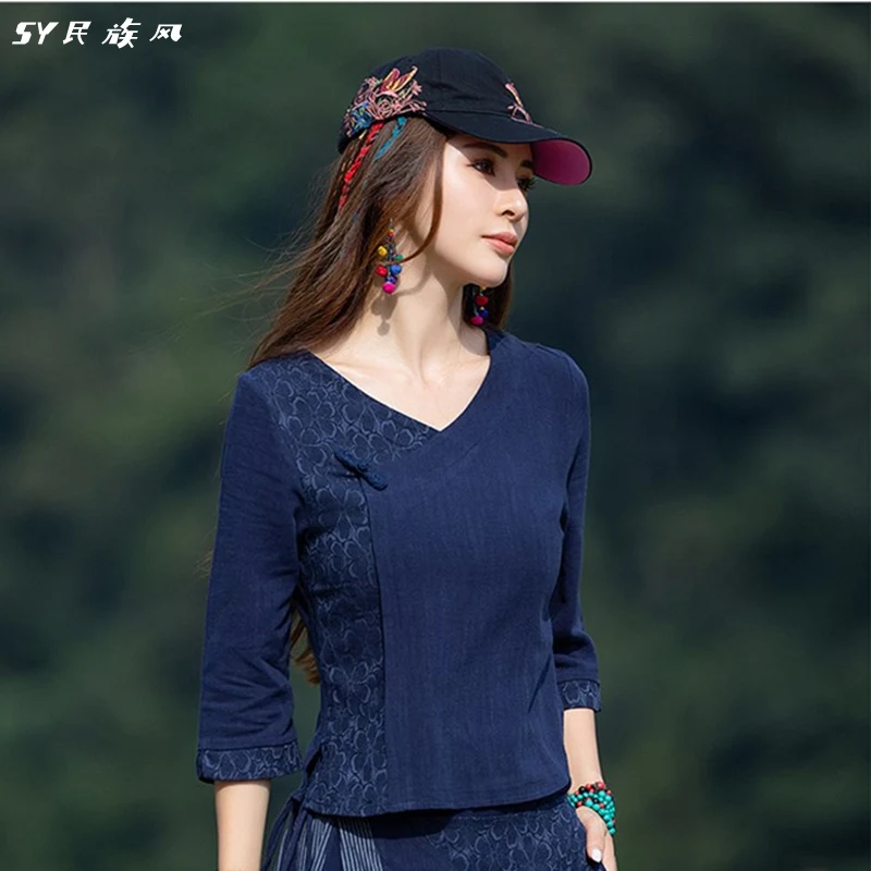 Chinese Style V-neck Vintage Shirt Women's Spring And Autumn Ethnic Style Cotton Linen Top Chinese Style Literary Shirt