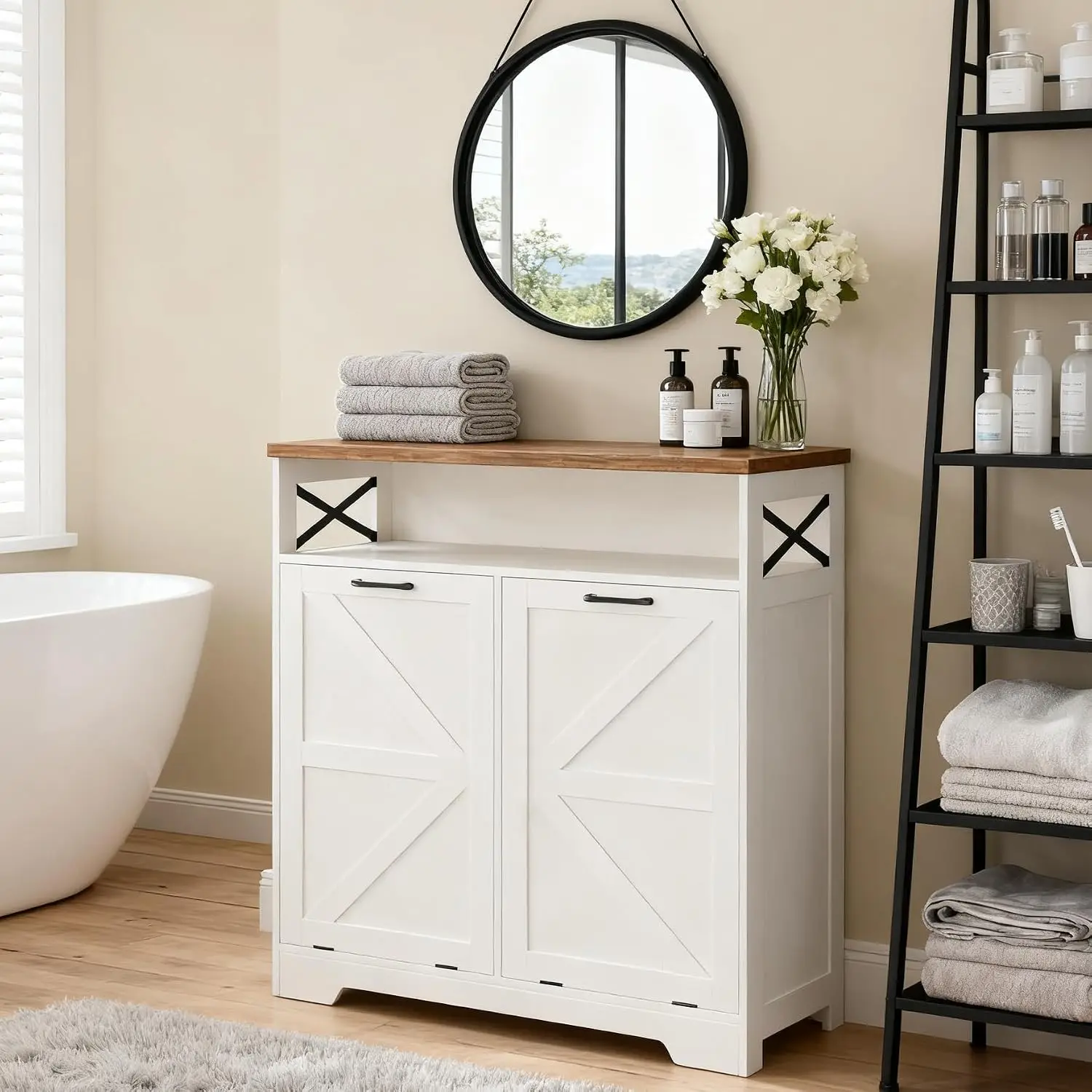 Tilt Out Trash Cabinet for 13 Gallon Bin, Farmhouse Island with Adjustable Shelf, Hidden Laundry Hamper, , White, Customized