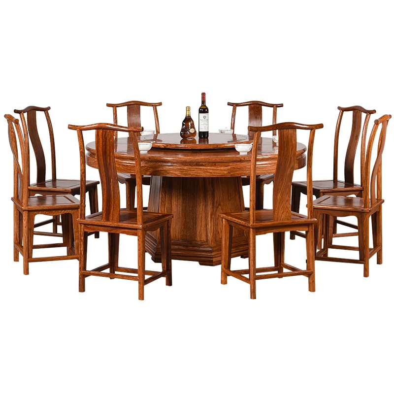 

Mahogany round dining table rosewood round table with turntable new Chinese solid wood antique dining table combination