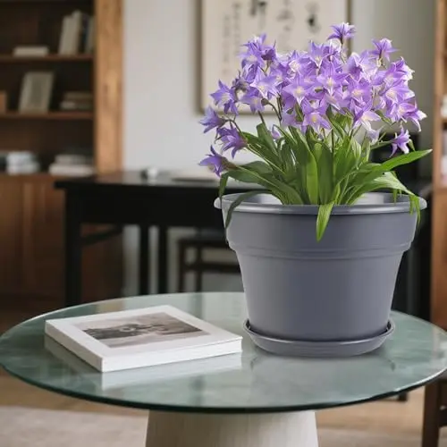 أوعية نباتات بلاستيكية مقاس 8 بوصات، 4 عبوات مع تصريف وصحون